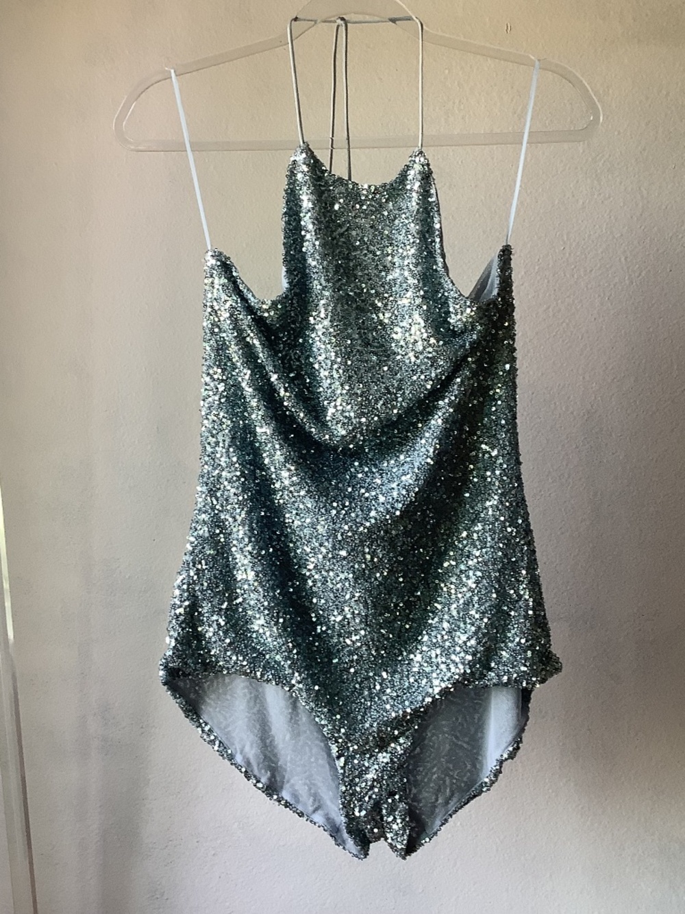 NWT ZARA ZW COLLECTION SS24 LIGHT BLUE SEQUIN HALTER ROMPER LARGE 1067/850